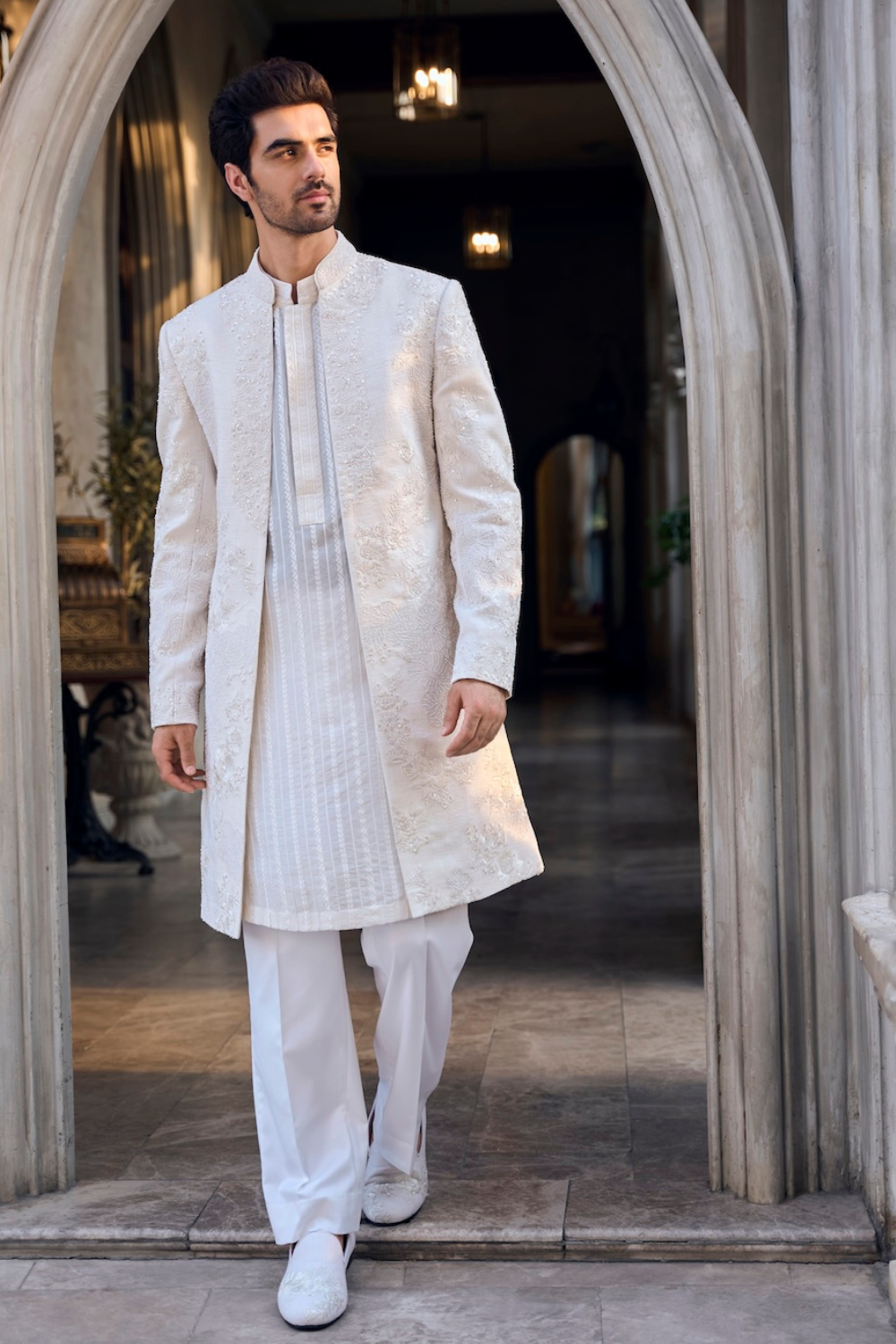 Seema Gujral - Cream Open Sherwani Set