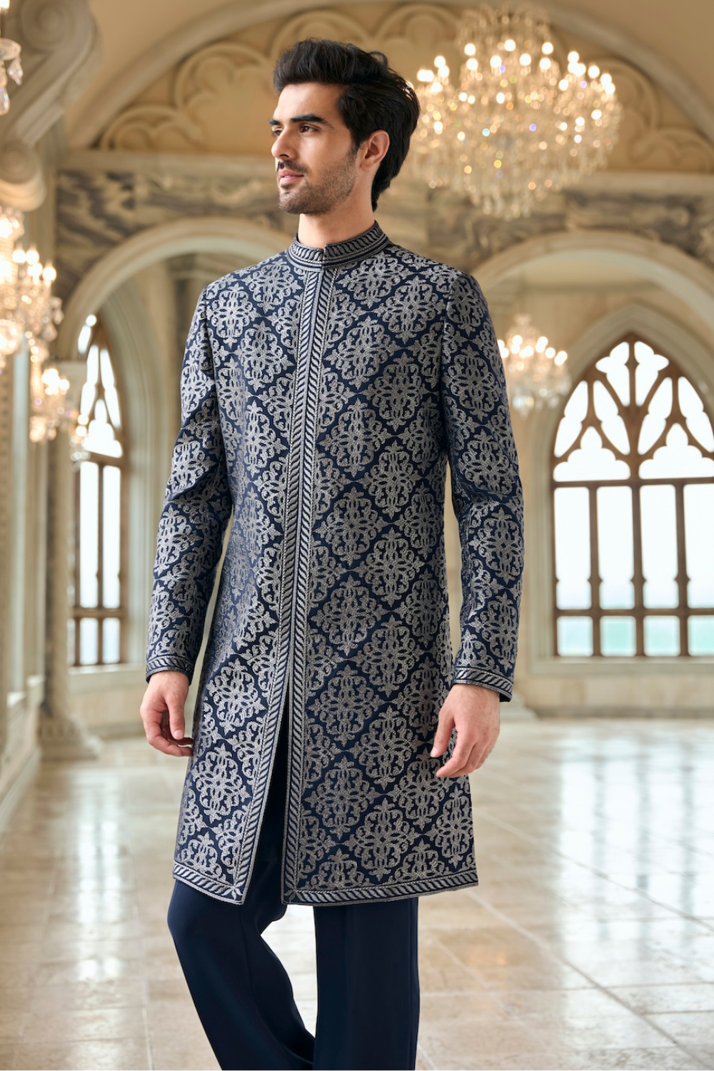 Seema Gujral - Navy &amp; Silver Zari Sherwani Set