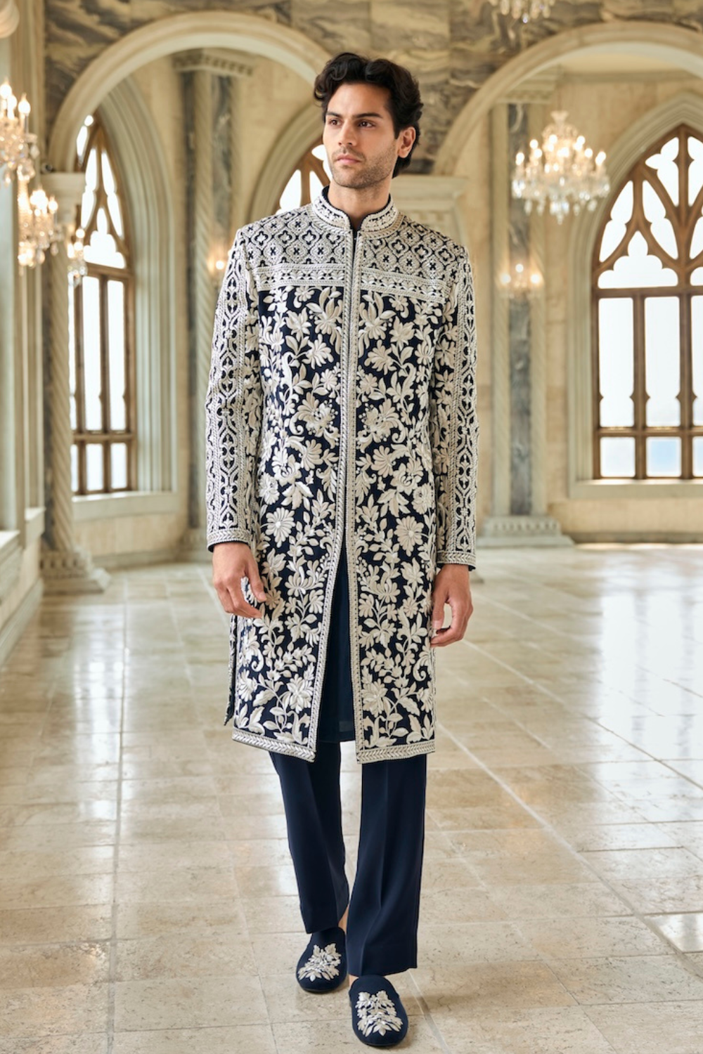 Seema Gujral - Navy &amp; Silver Sherwani Set