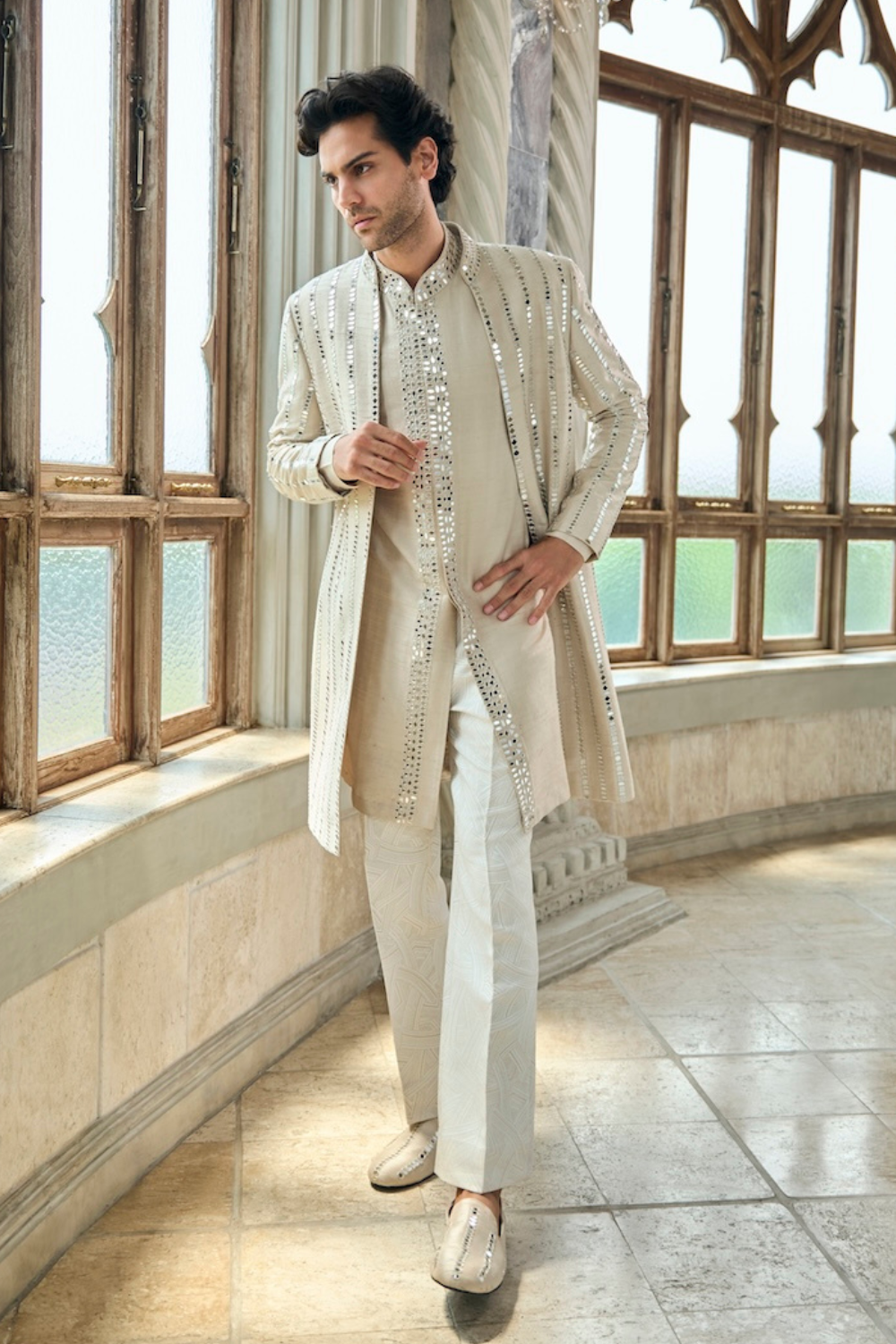 Seema Gujral - Beige Mirror Work Sherwani Set