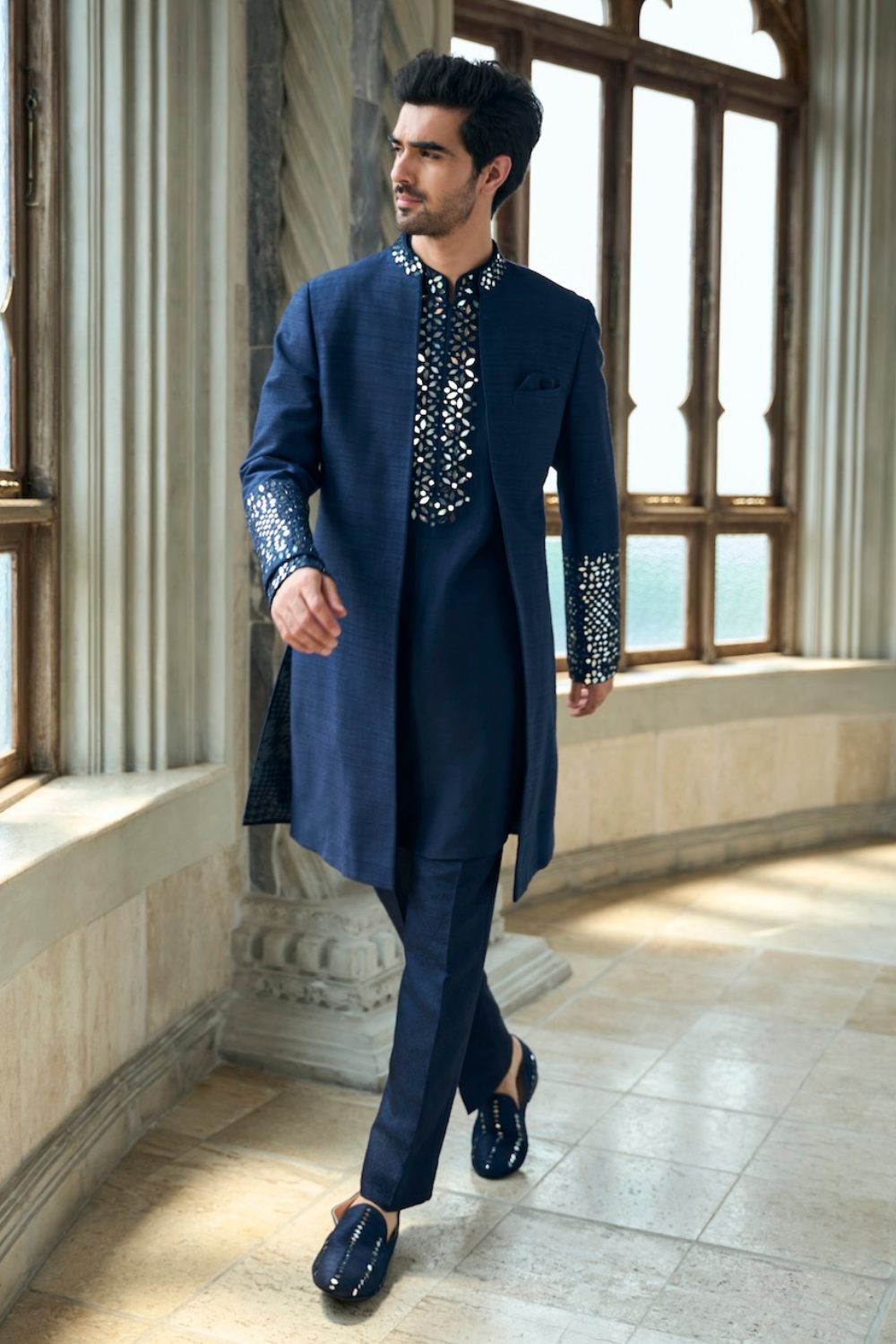 Seema Gujral - Persian Blue Mirror Open Sherwani Set