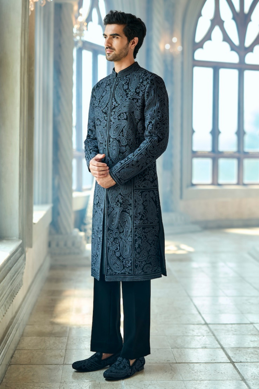 Seema Gujral - Charcoal Thread Work Sherwani Set
