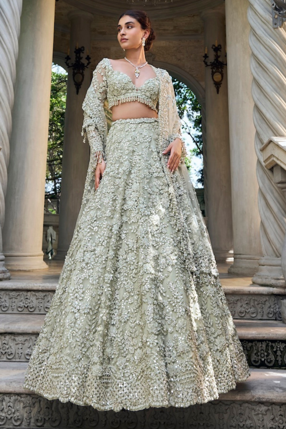 Seema Gujral - Sage Green Three-Dimensional Lehenga Set