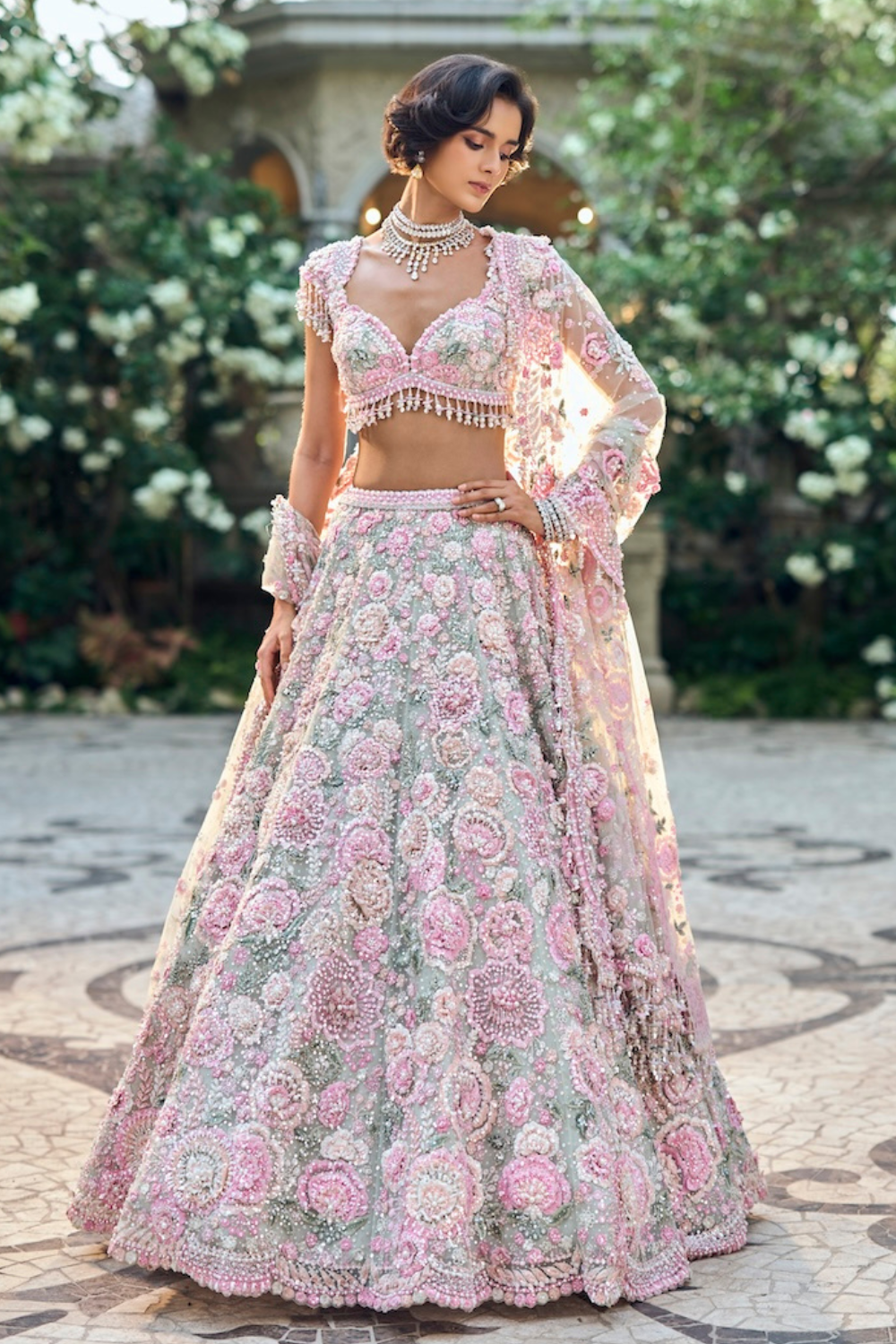 Seema Gujral - Mint Green Multi-Coloured Floral Lehenga Set