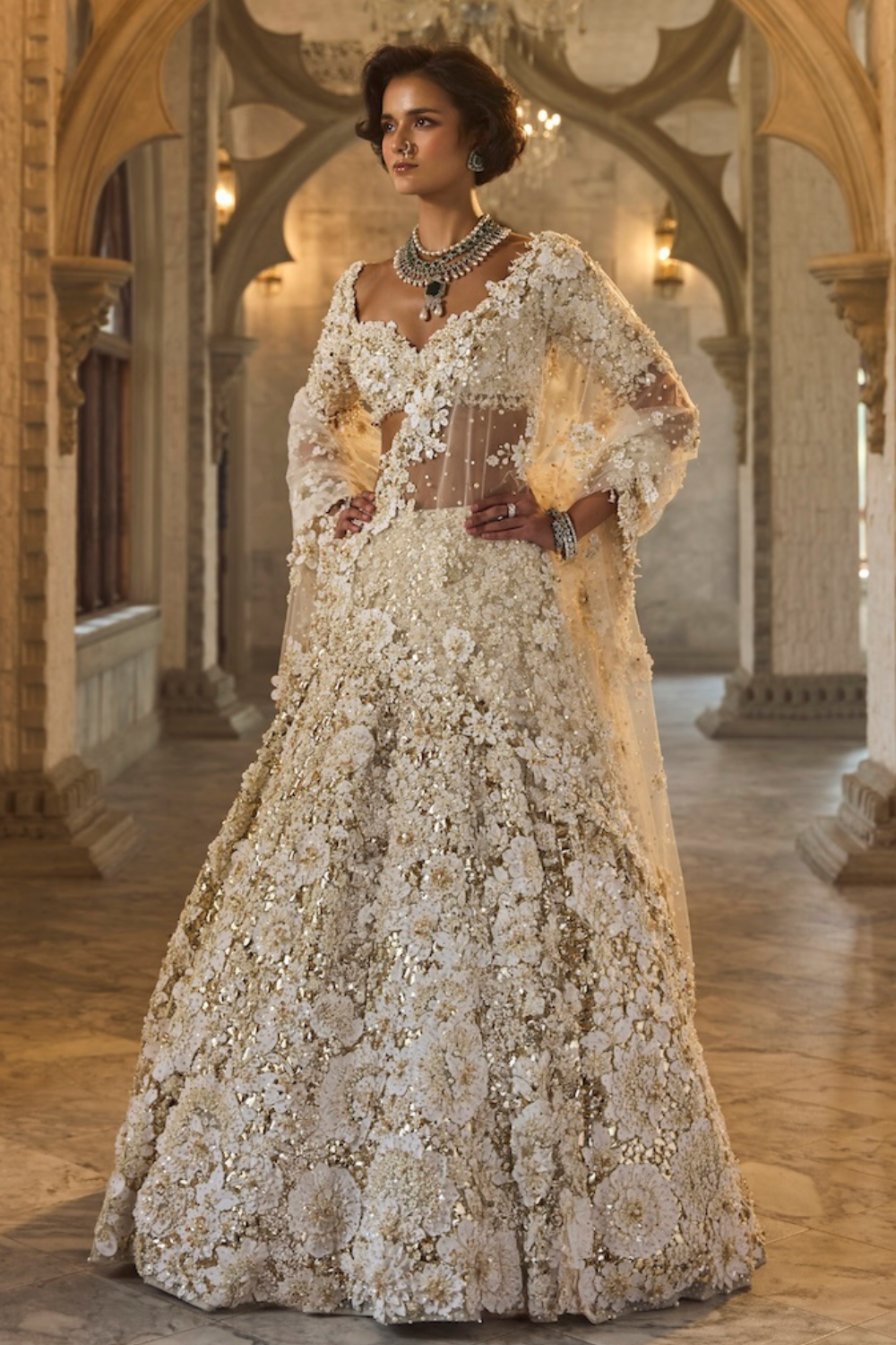 Seema Gujral - Ivory Gold Three-Dimensional Lehenga Set
