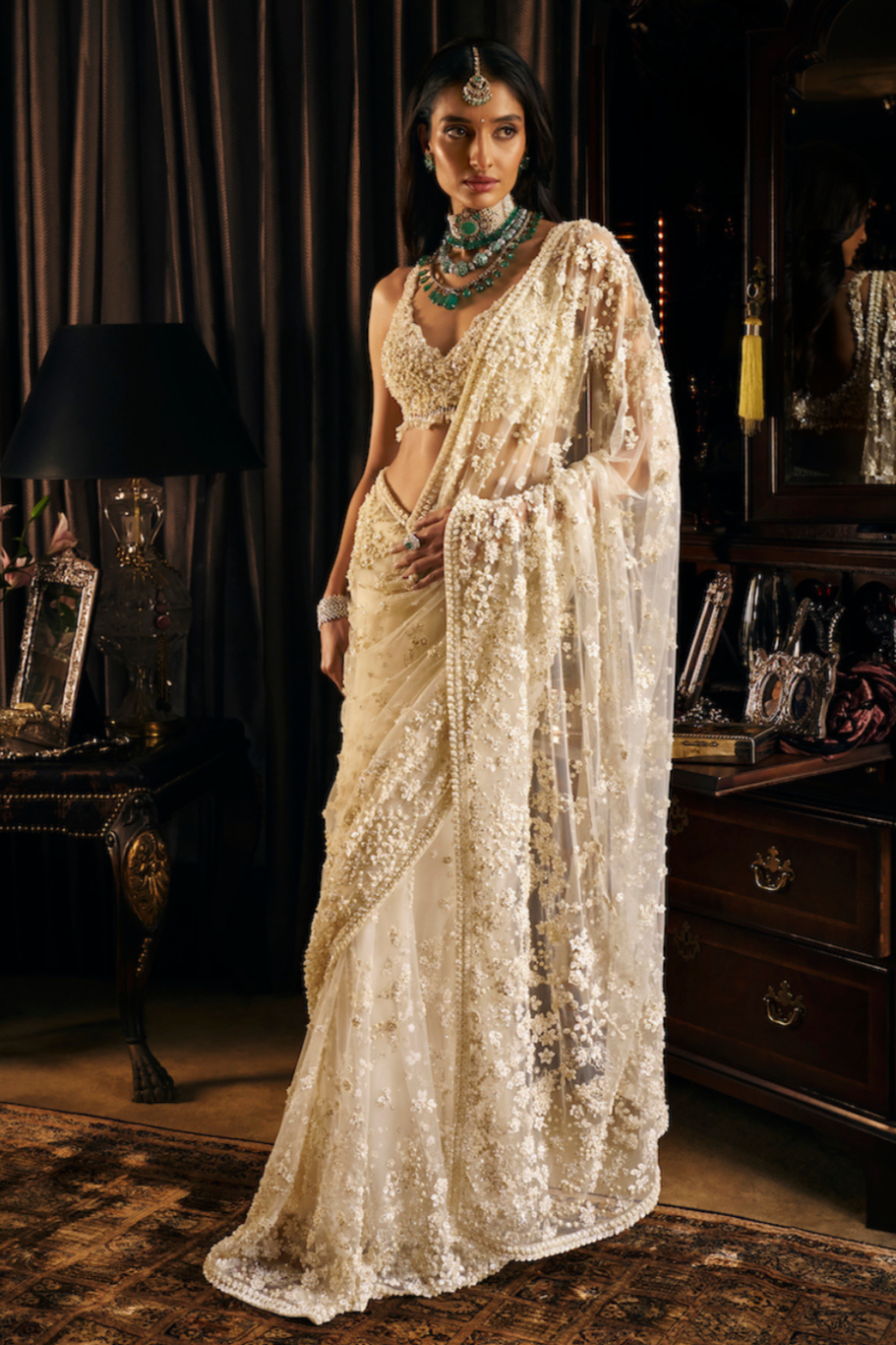Seema Gujral - Ivory Three-dimensional Saree