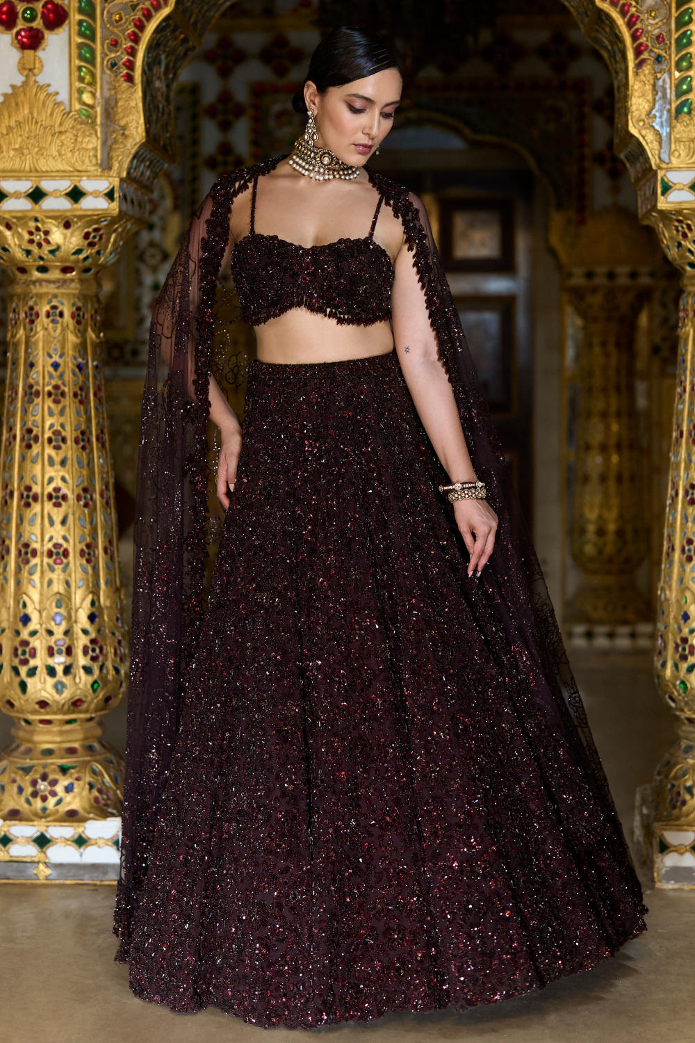 Seema Gujral - Wine Sequin Lehenga Set