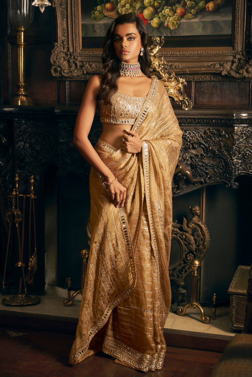 Seema Gujral - Gold Mirror Work Saree