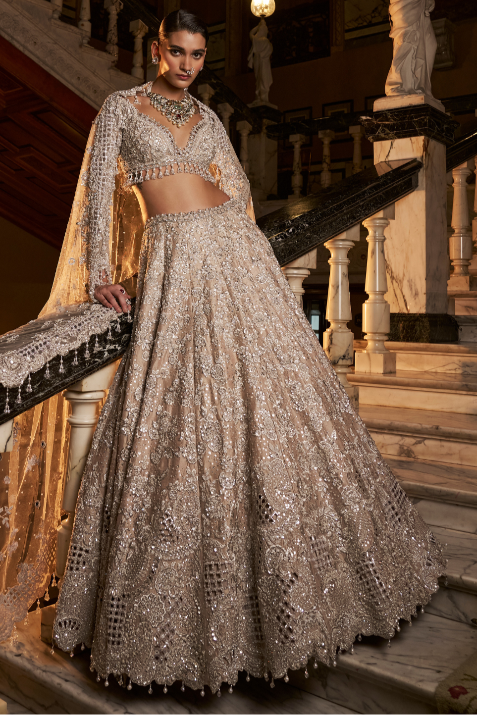 Seema Gujral - Nude Silver Cut Work Lehenga Set