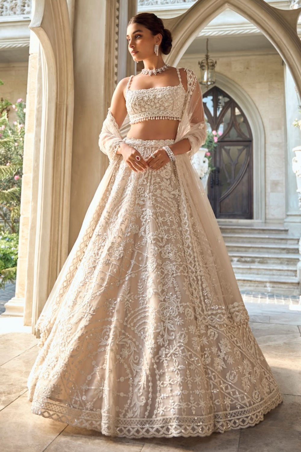 Seema Gujral - Nude Cream Abstract Dori Lehenga Set