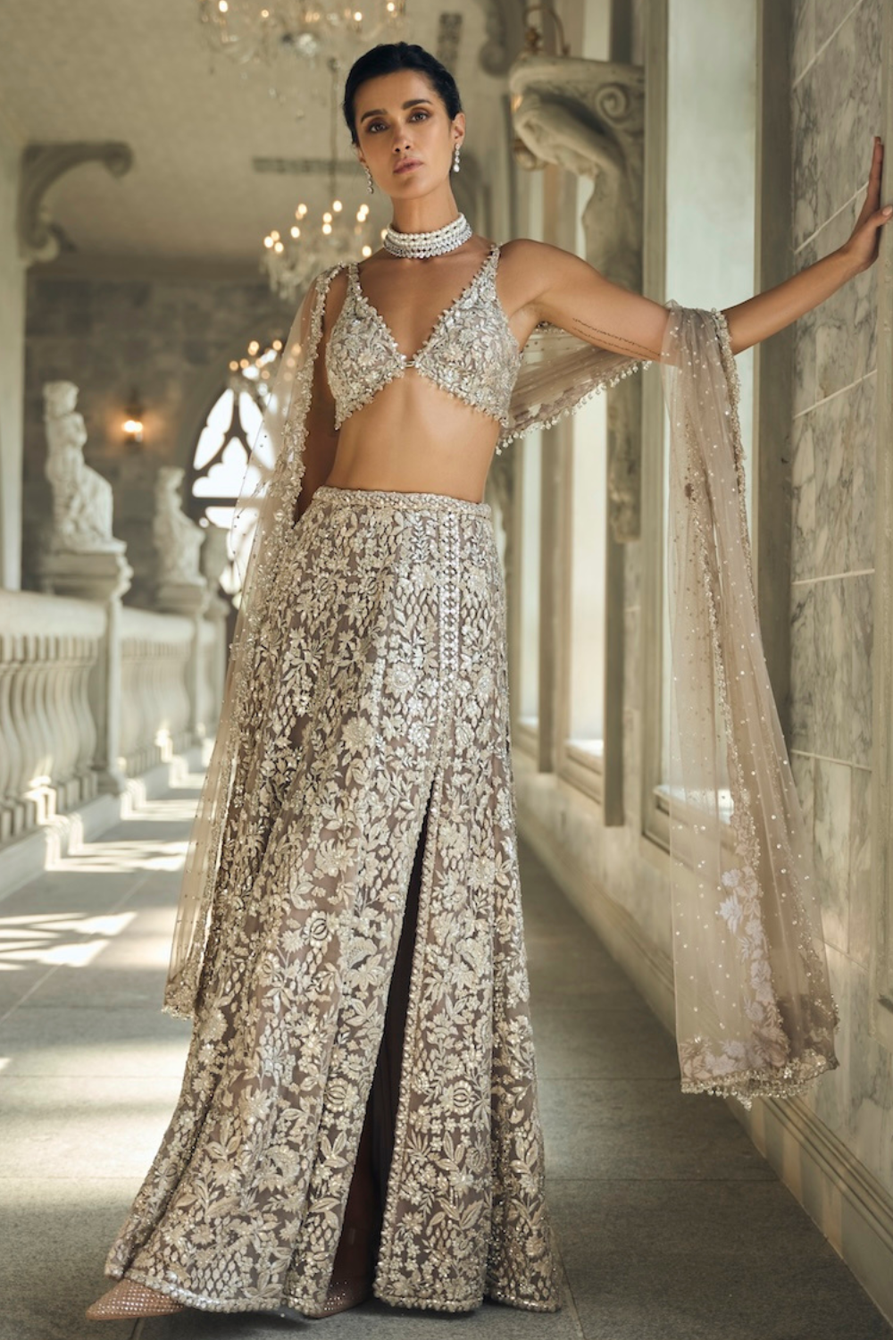 Seema Gujral - Ash Grey &amp; Silver Skirt Set