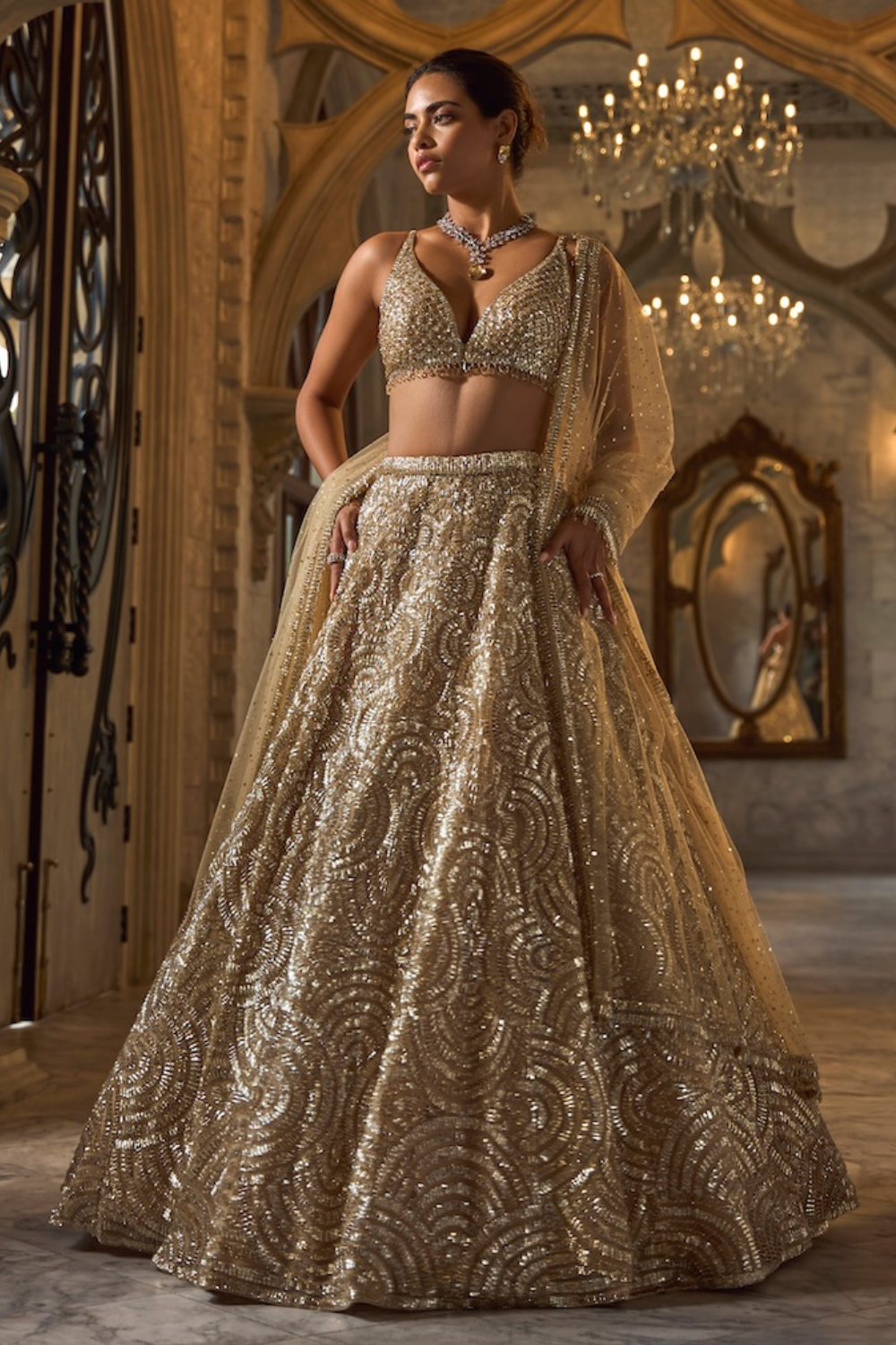 Seema Gujral - Gold Sequin Lehenga Set