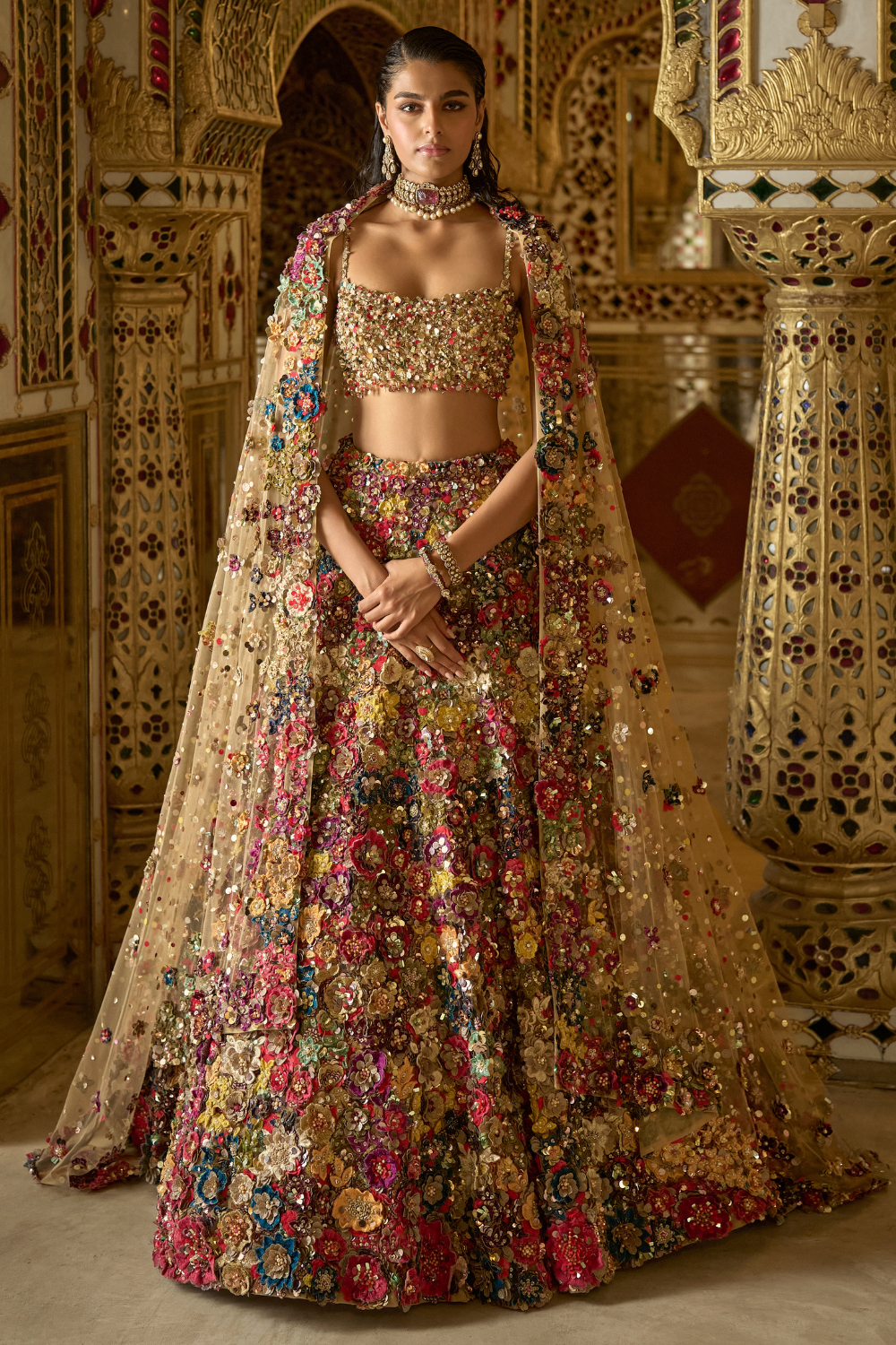 Seema Gujral - Multi-Coloured Three-Dimensional Floral Lehenga Set