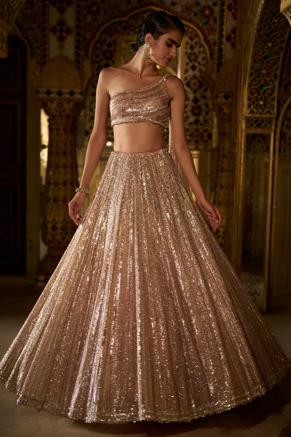 Seema Gujral - Rose Gold Sequin Lehenga Set