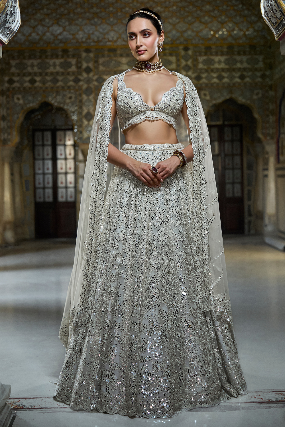Seema Gujral - Ivory Mirror Work Lehenga Set