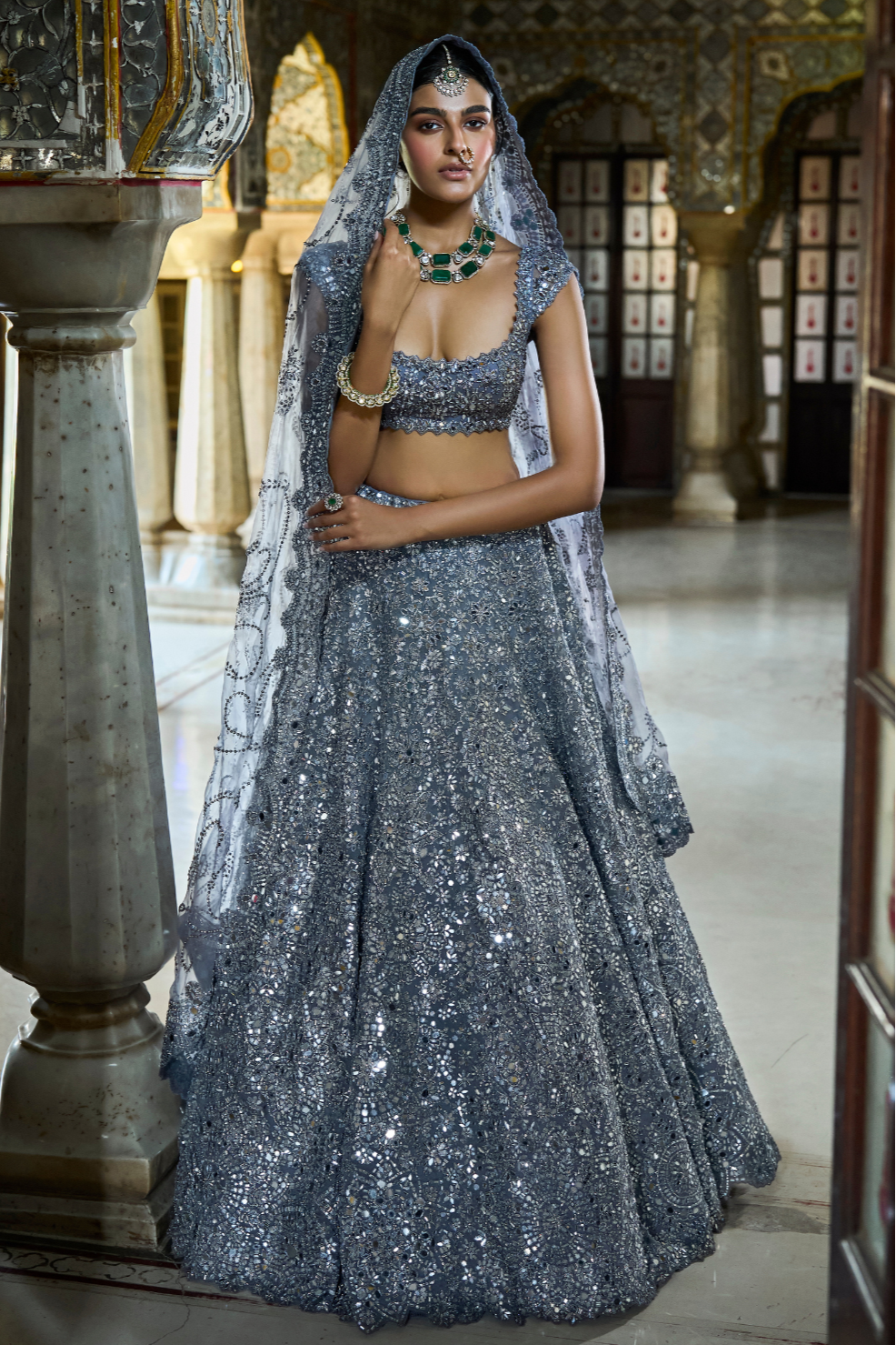 Seema Gujral - Steel Grey Mirror Work Lehenga Set