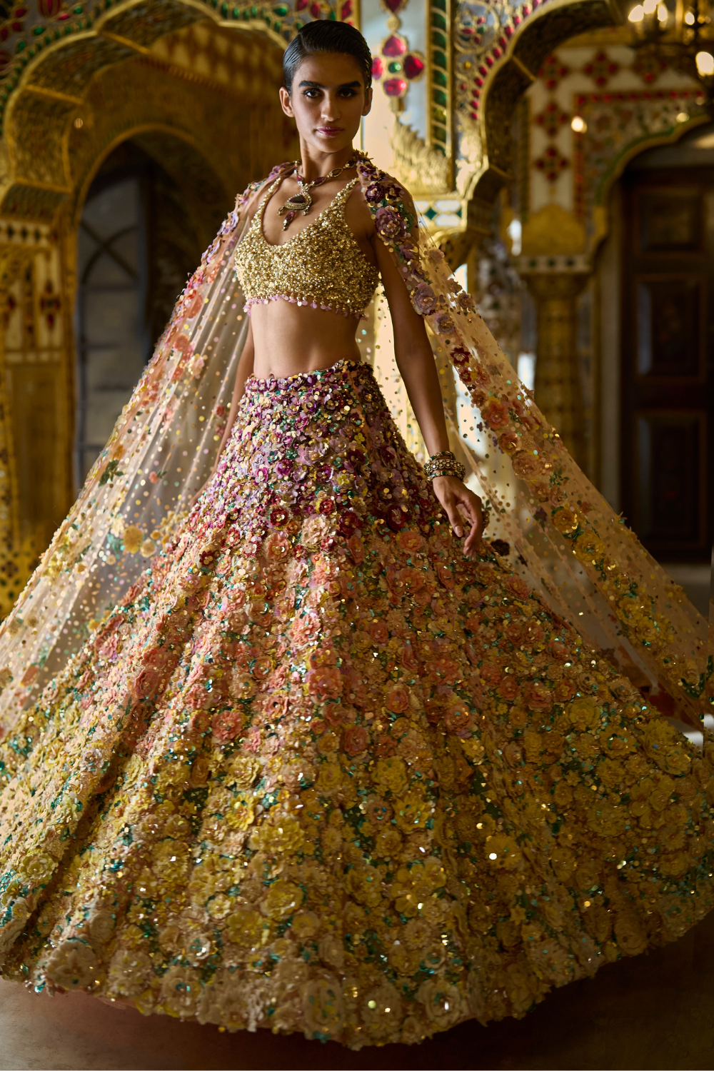 Seema Gujral - Ombre Multi-Coloured Three-Dimensional Floral Lehenga Set