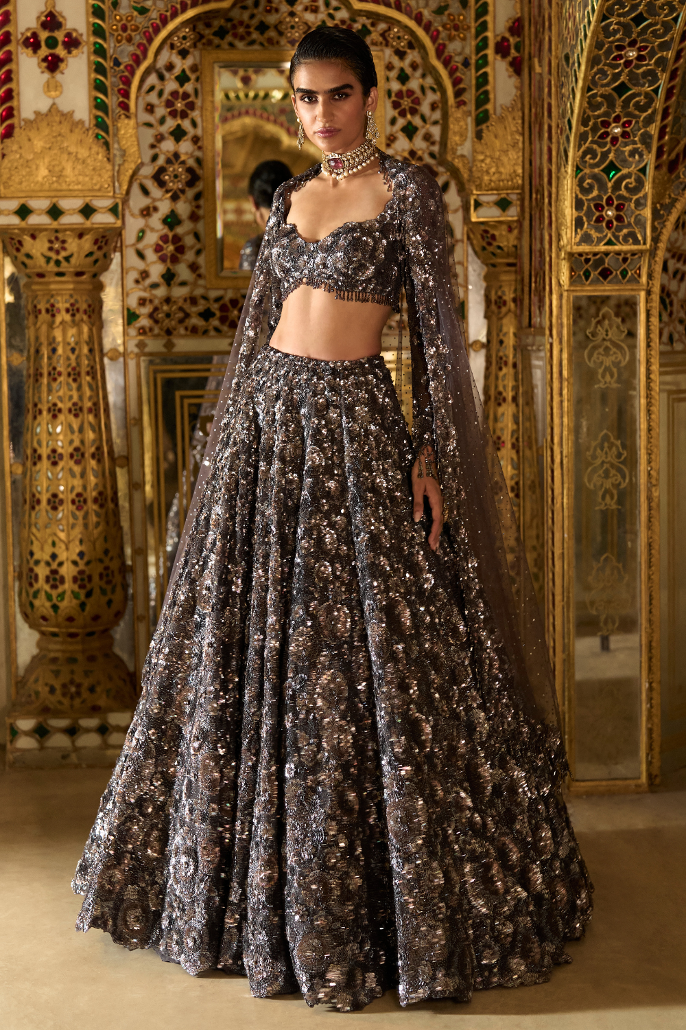 Seema Gujral - Charcoal Sequin Lehenga Set