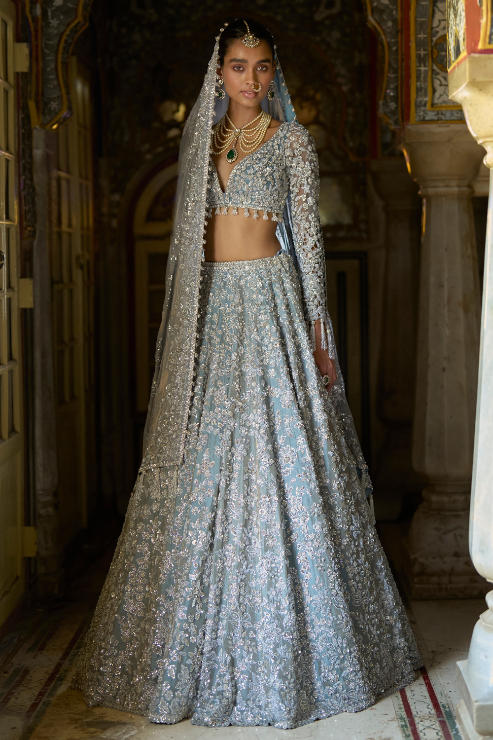 Seema Gujral - Ice Blue Tissue Lehenga Set