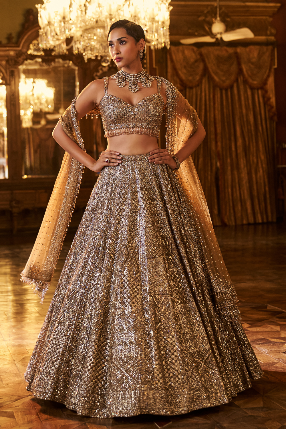 Seema Gujral - Antique Gold Sequin Lehenga Set