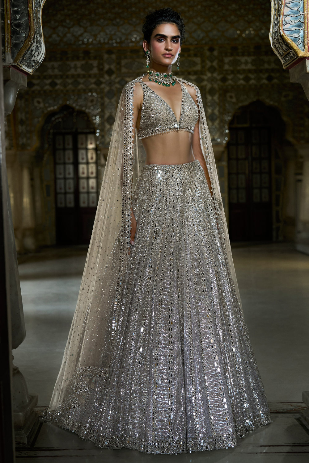 Seema Gujral - Champagne Mirror Work Lehenga Set