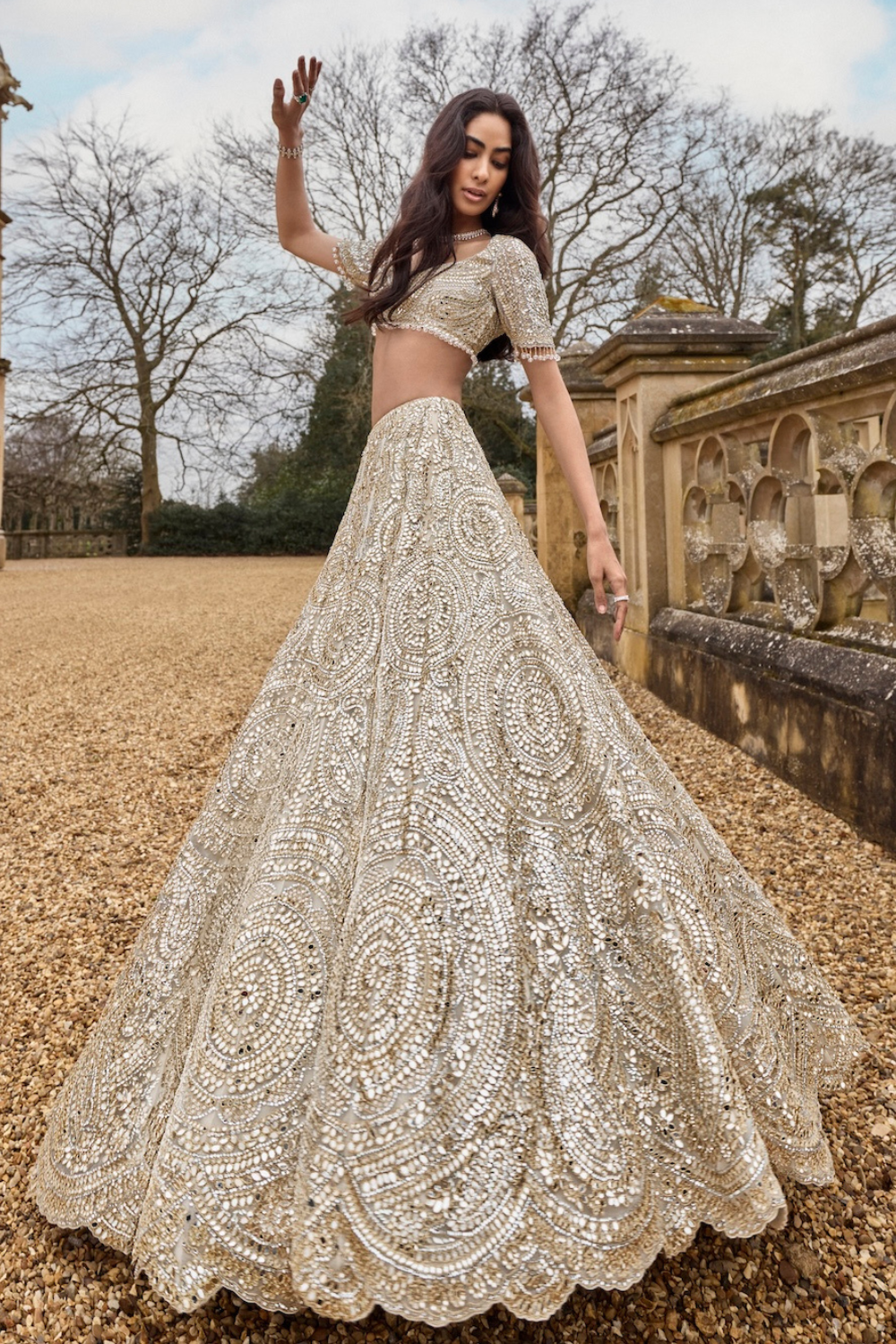 Seema Gujral - Cream Gold Mirror Lehenga Set