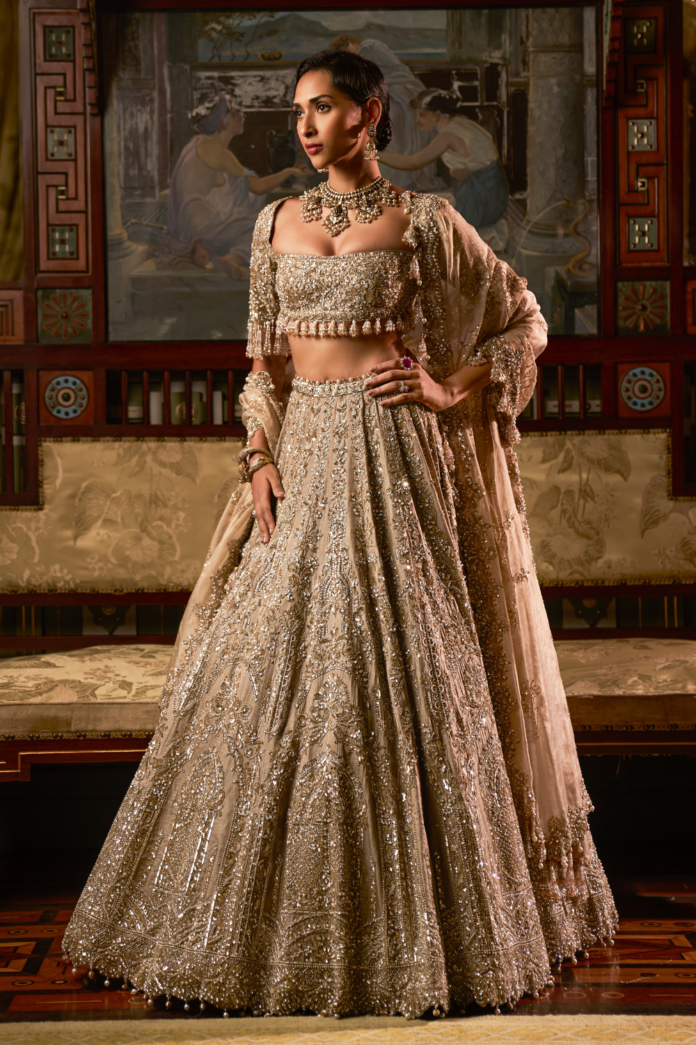 Seema Gujral - Gold Silver Tissue Lehenga Set