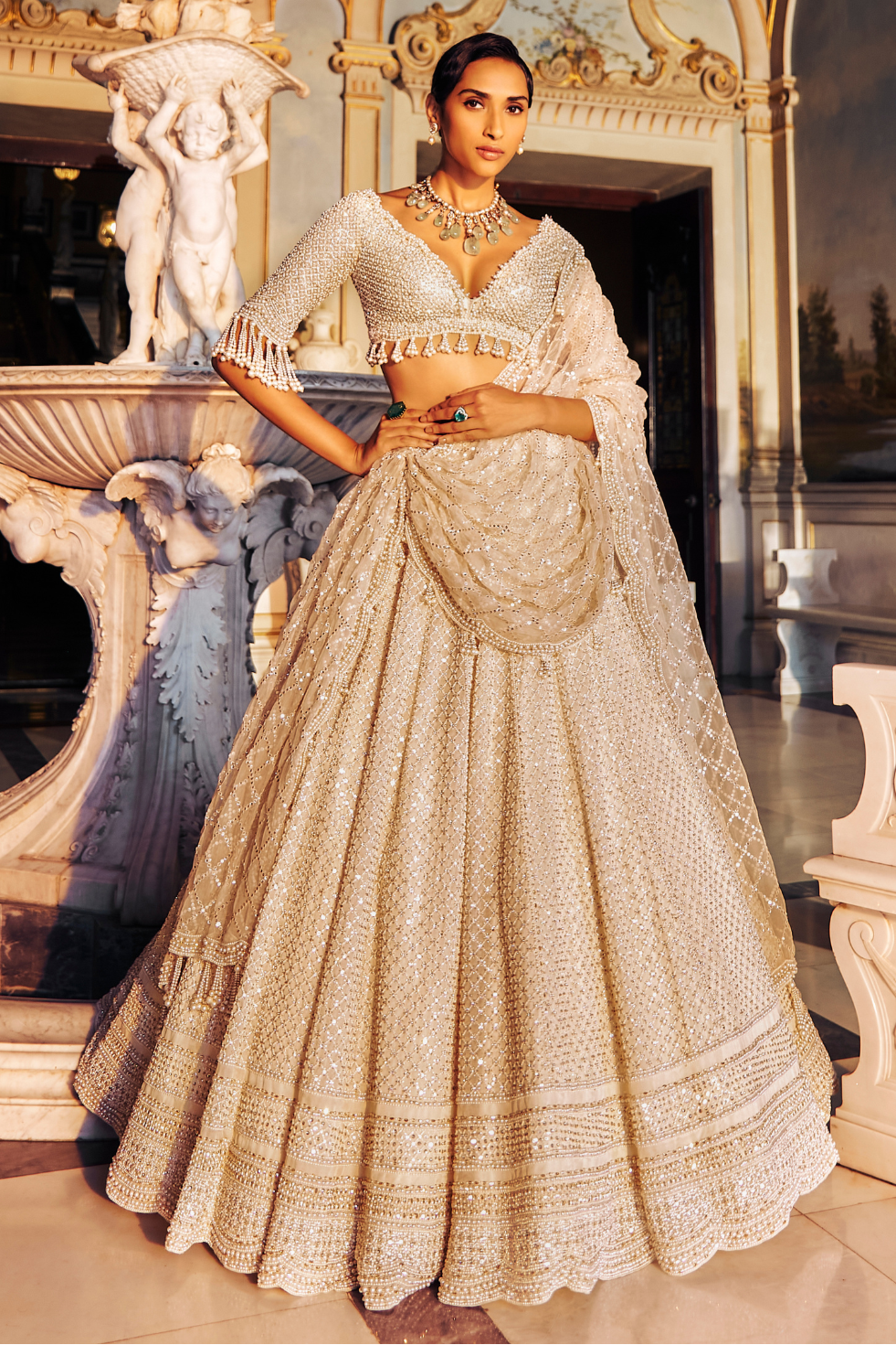 Seema Gujral - Ivory Pearl Lehenga Set