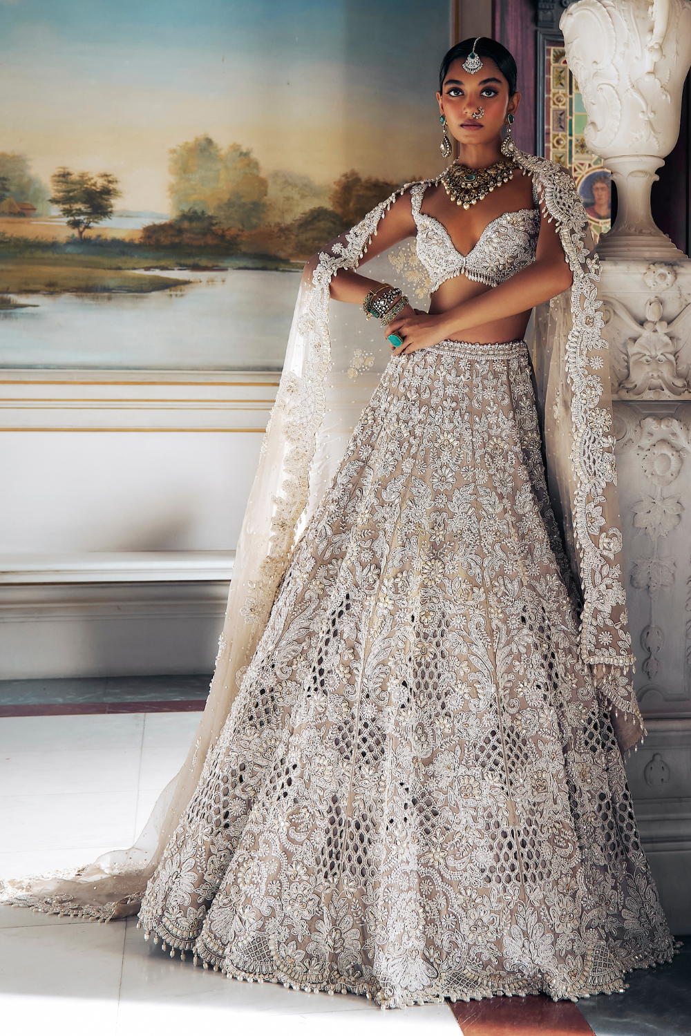 Seema Gujral - Nude Pearl Cut Work Lehenga Set