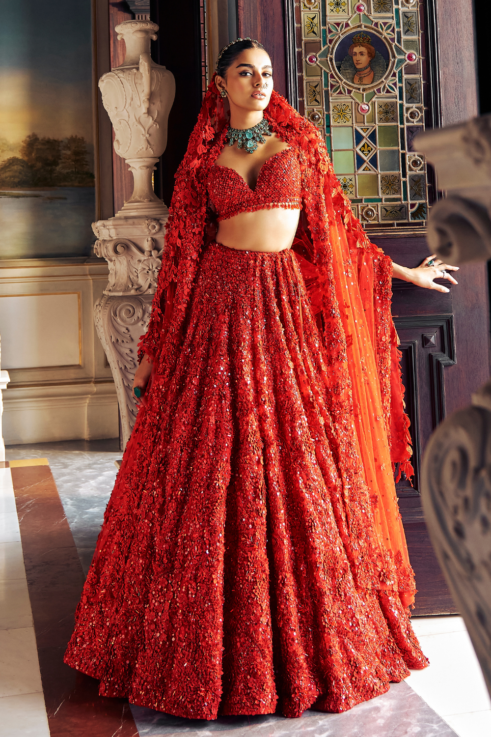 Seema Gujral - Red Three-Dimensional Floral Lehenga Set