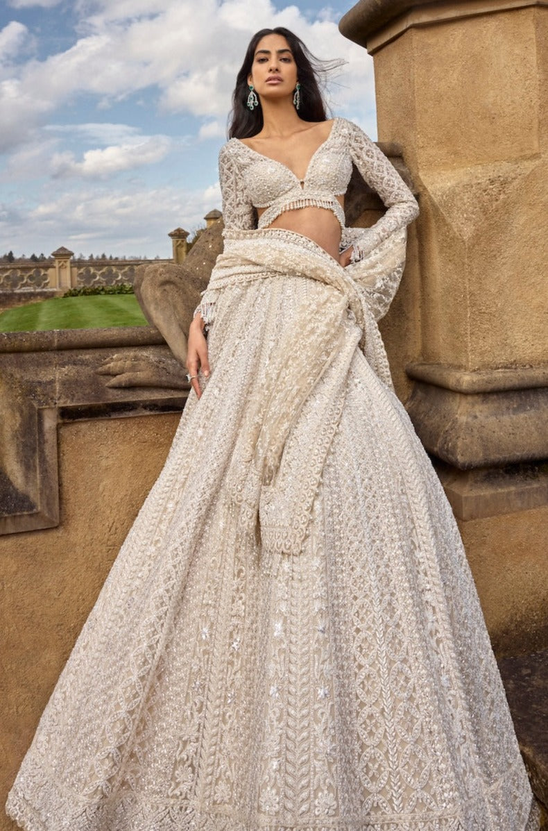 Seema Gujral - Ivory Pearl Lehenga Set