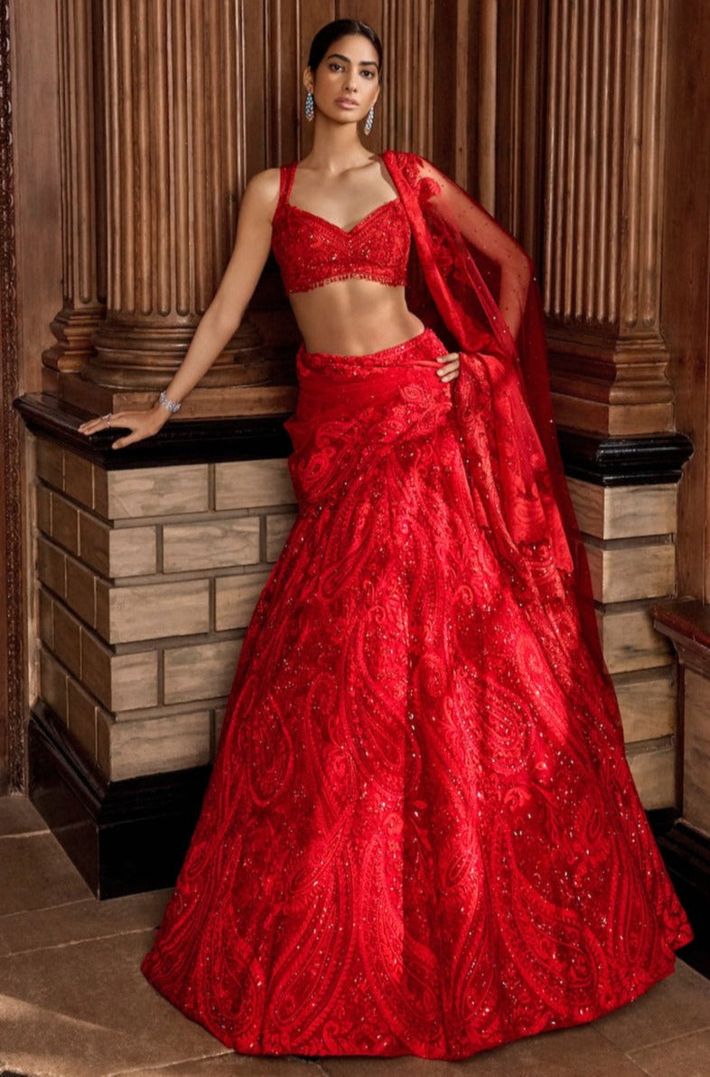 Seema Gujral - Red Paisley Lehenga Set