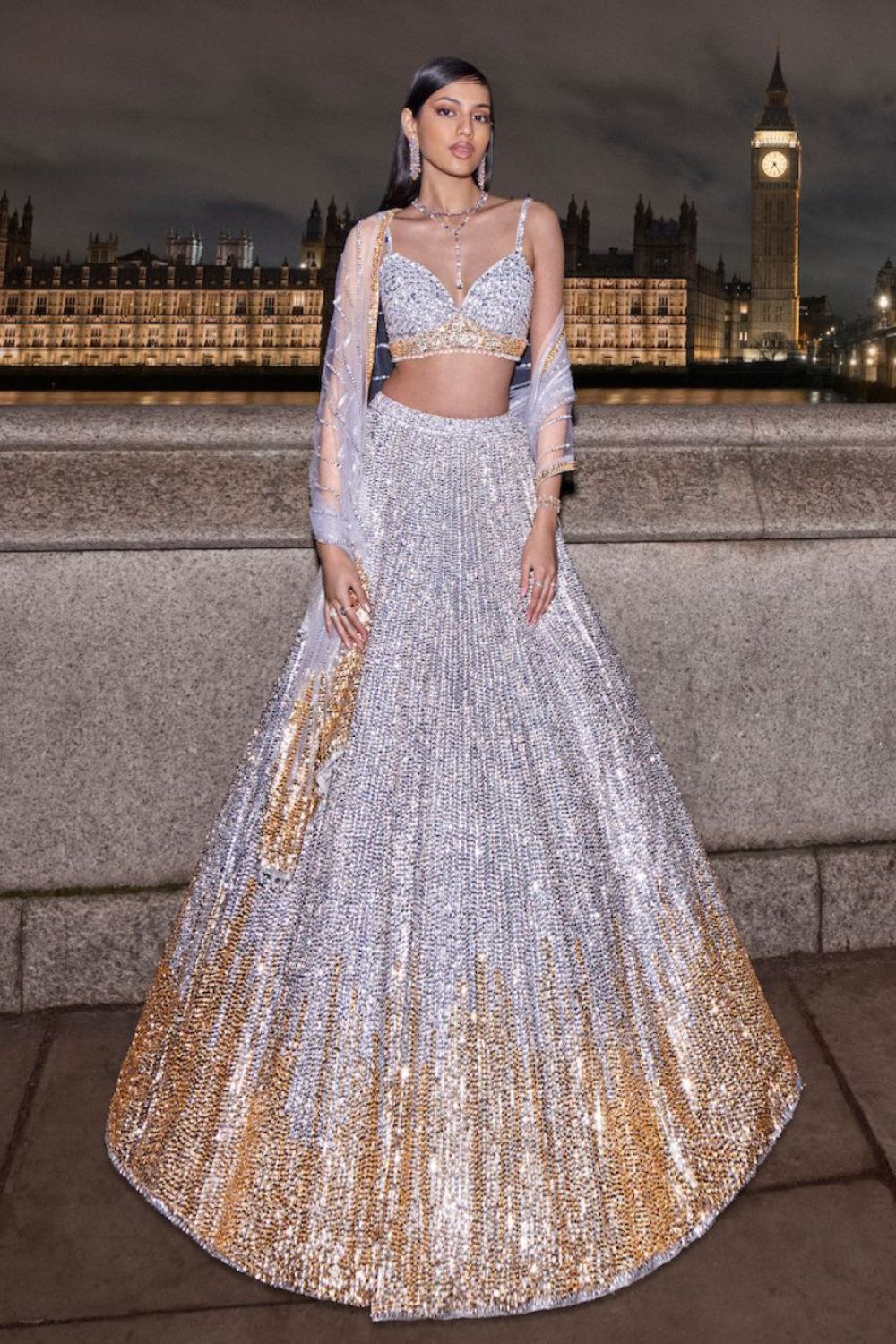 Seema Gujral - Silver Gold Sequin Lehenga Set