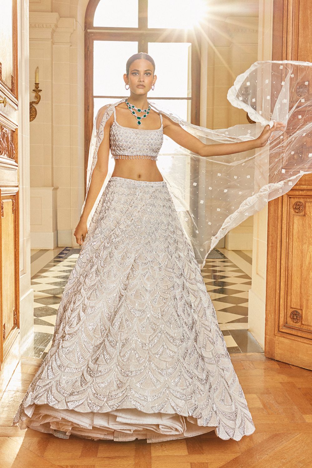 Seema Gujral - Ivory Pearl Scallop Lehenga Set