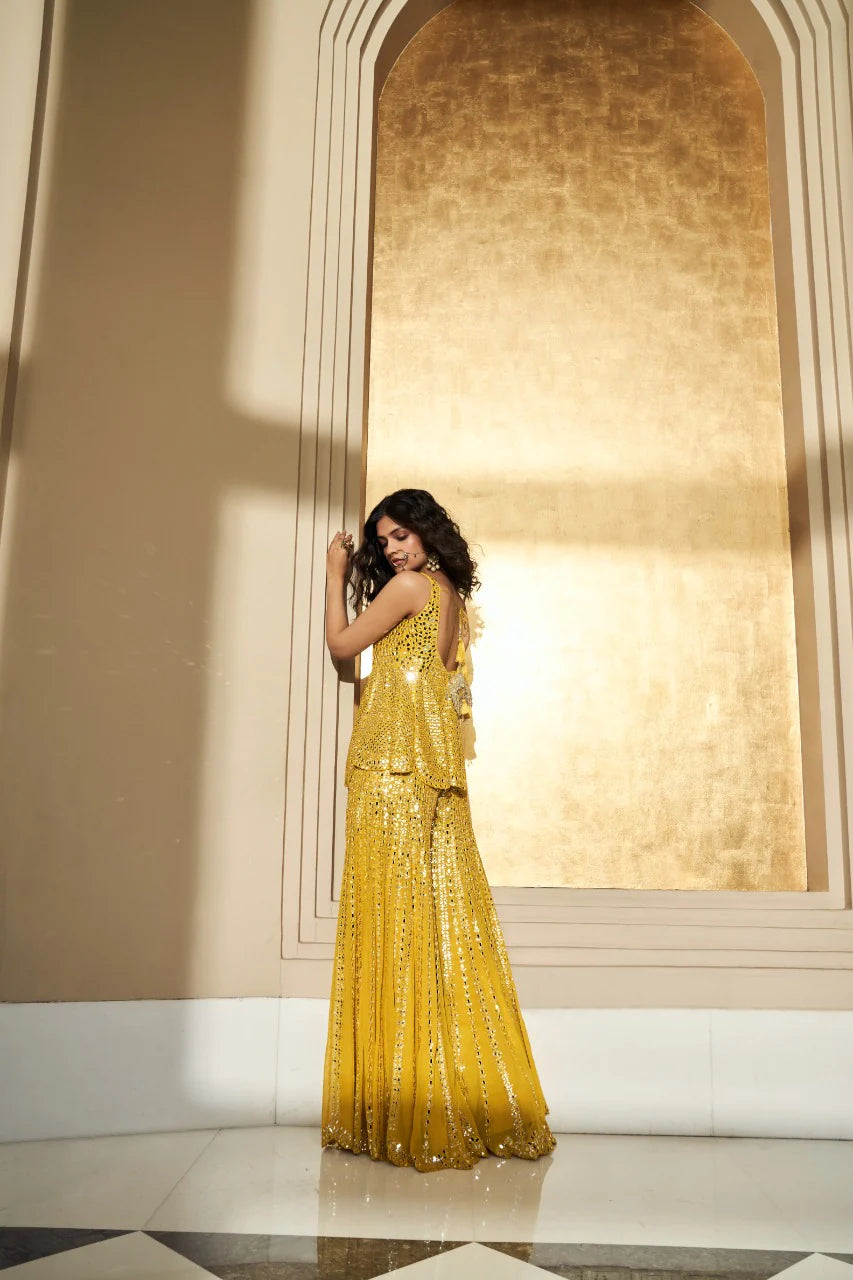 Seema Gujral - Mustard Yellow Mirror Work Sharara Set