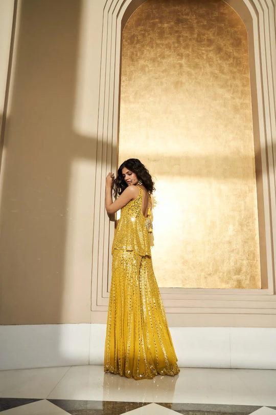 Seema Gujral - Mustard Yellow Mirror Work Sharara Set