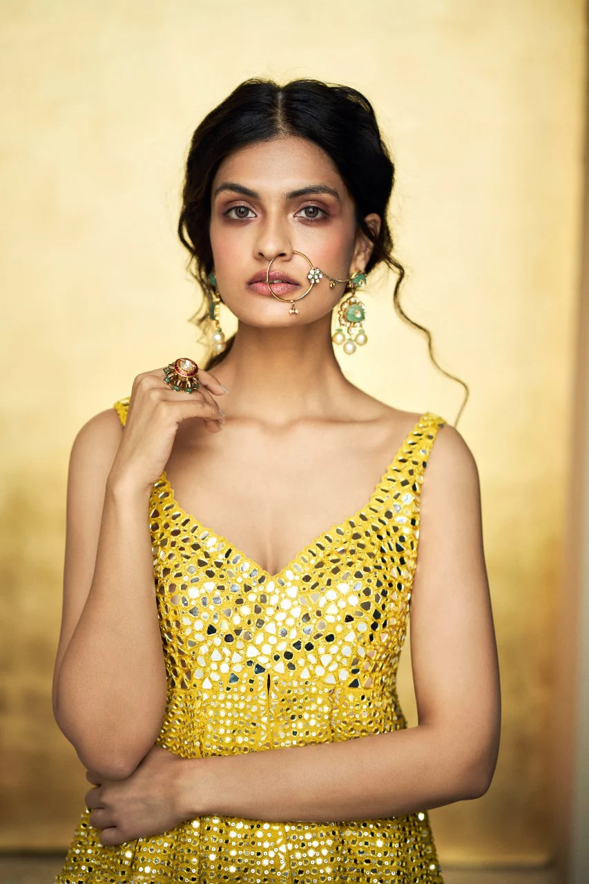 Seema Gujral - Mustard Yellow Mirror Work Sharara Set