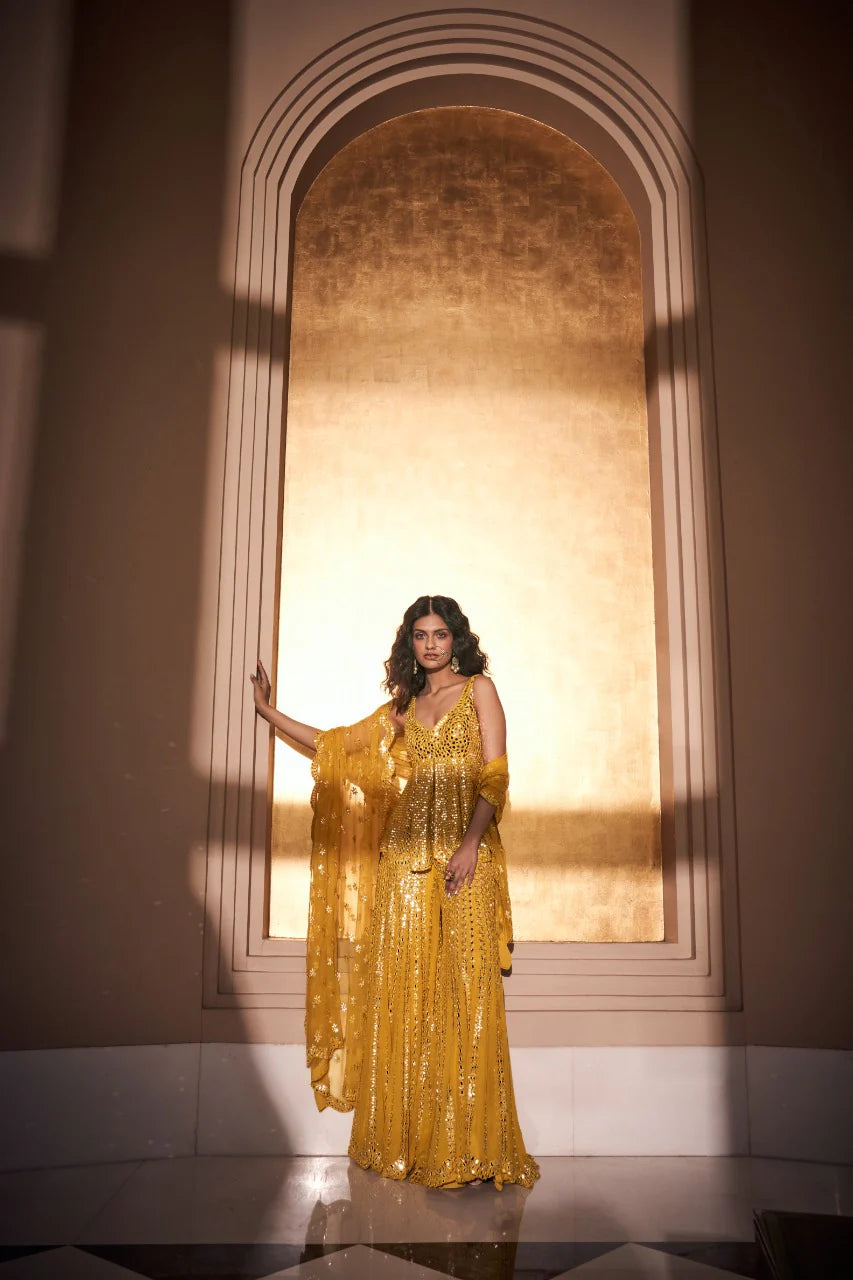 Seema Gujral - Mustard Yellow Mirror Work Sharara Set