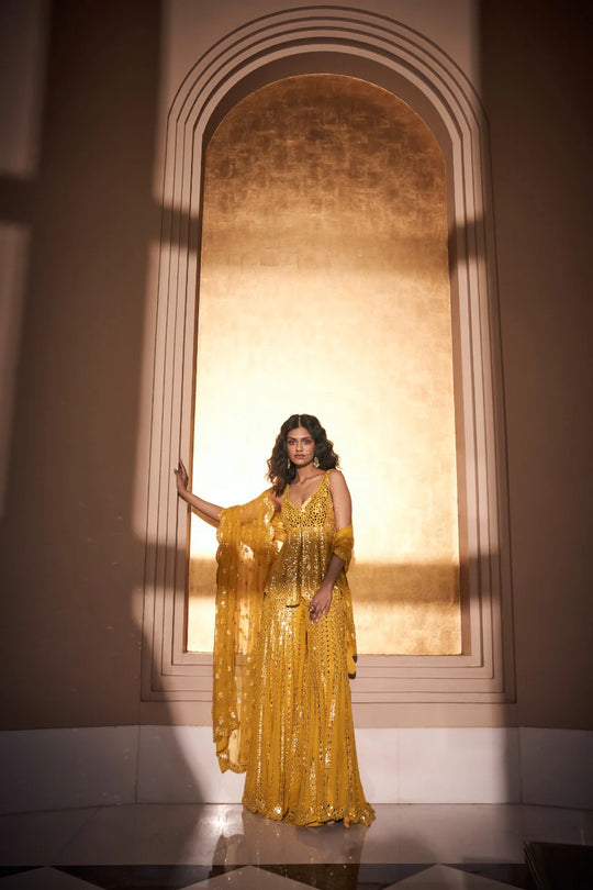 Seema Gujral - Mustard Yellow Mirror Work Sharara Set