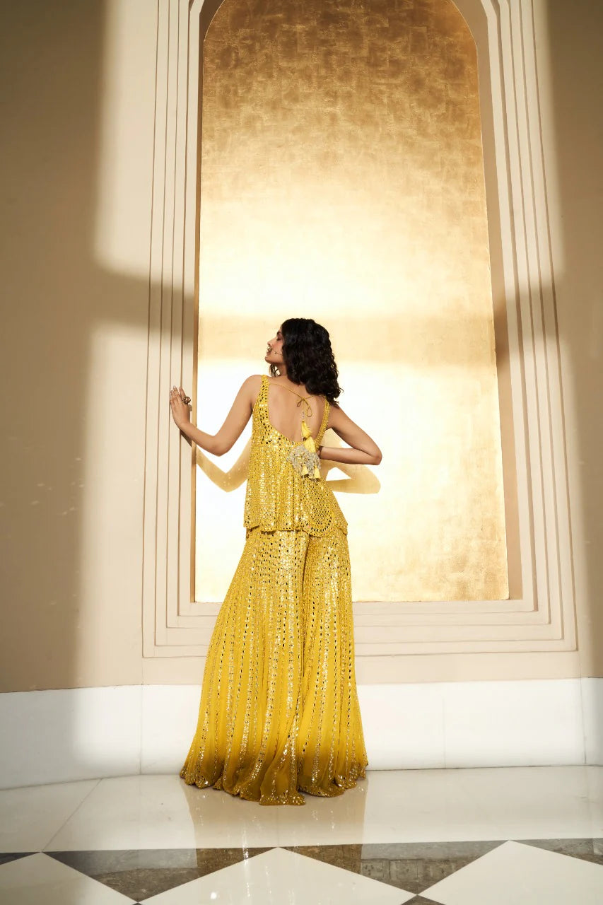 Seema Gujral - Mustard Yellow Mirror Work Sharara Set