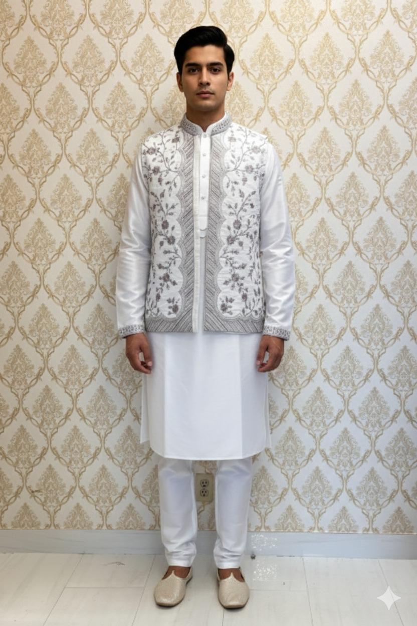 Premium White &amp; Silver Sherwani