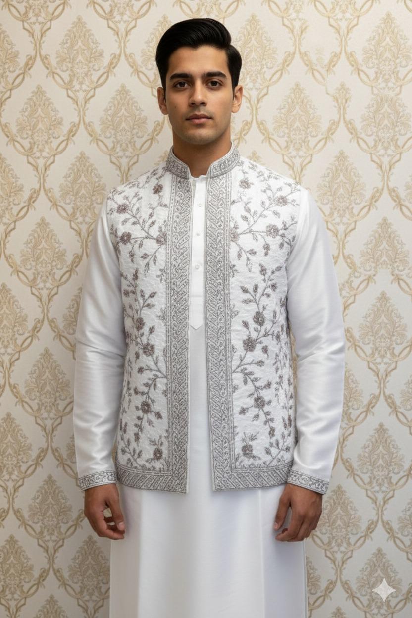 Premium White &amp; Silver Sherwani