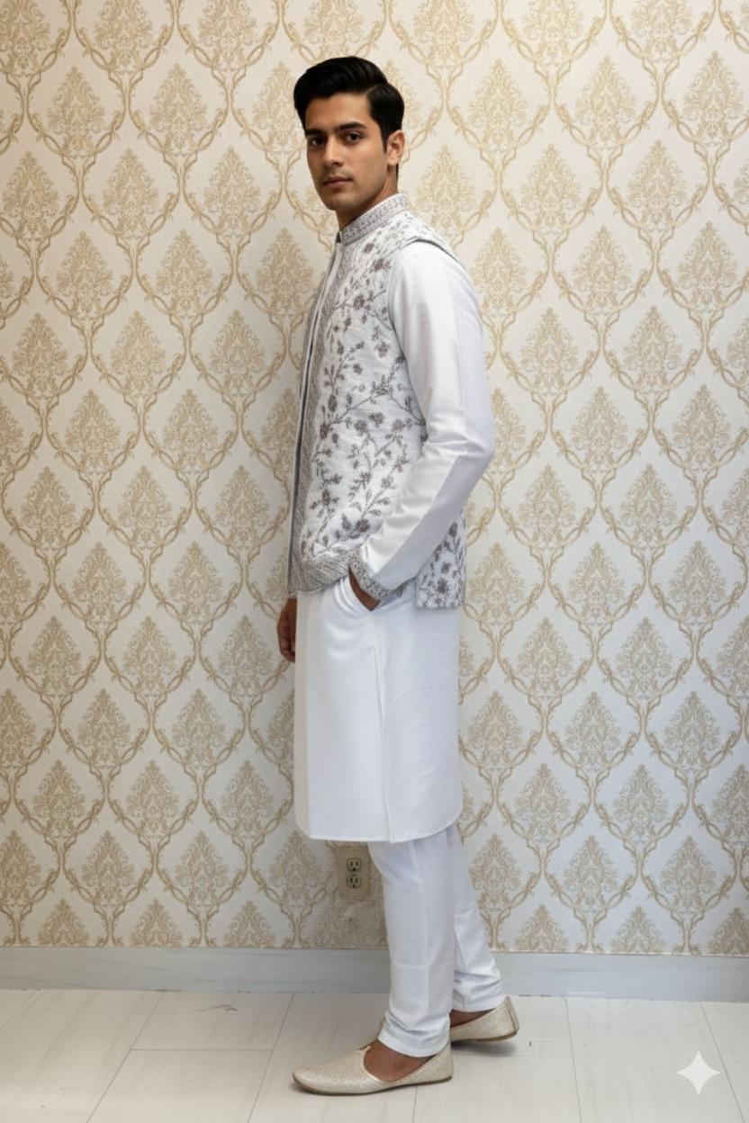 Premium White &amp; Silver Sherwani