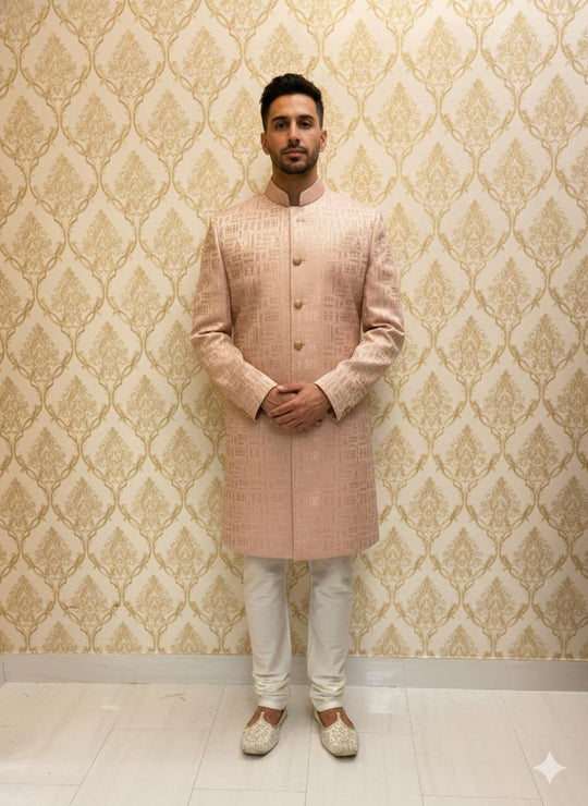 Peach Geometric Jacquard Sherwani