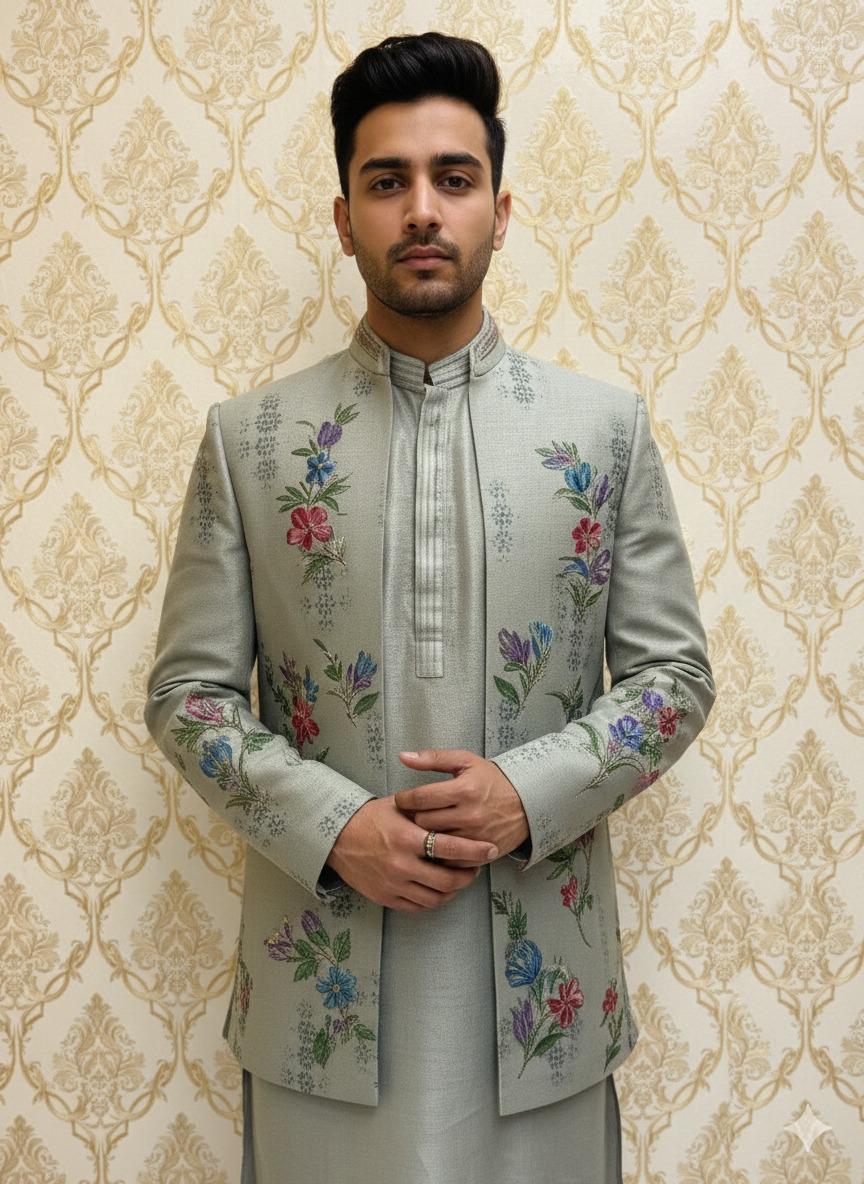 Grey Floral Open Jacket Sherwani