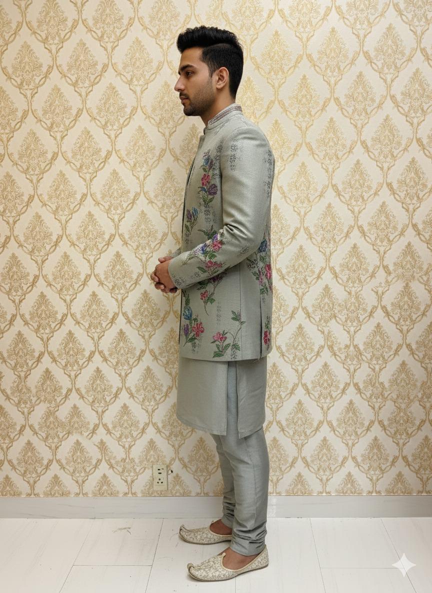 Grey Floral Open Jacket Sherwani