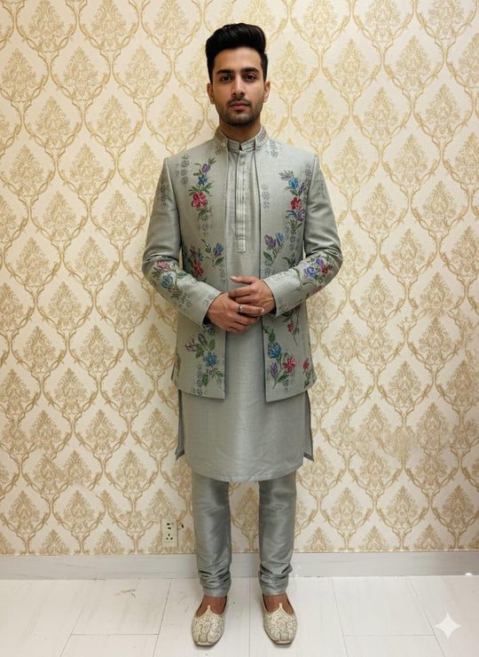 Grey Floral Open Jacket Sherwani