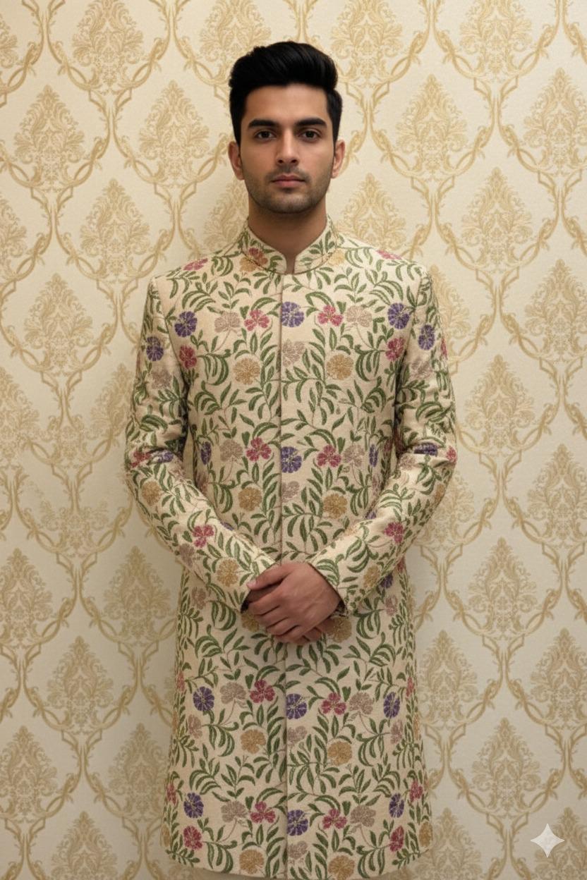 Beige Floral Embroidered Sherwani
