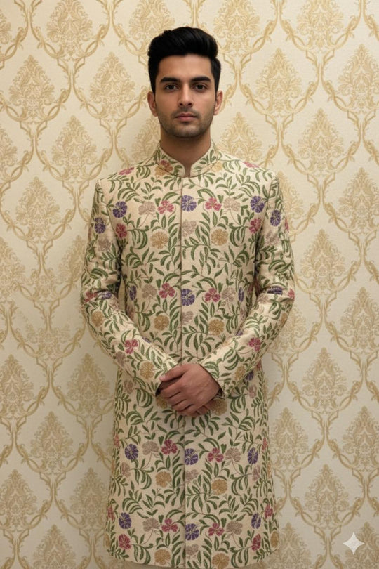 Beige Floral Embroidered Sherwani
