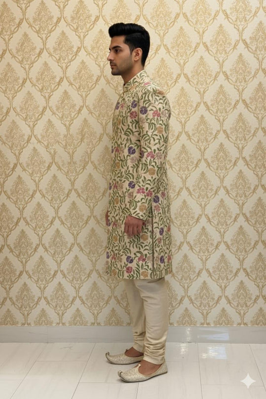 Beige Floral Embroidered Sherwani